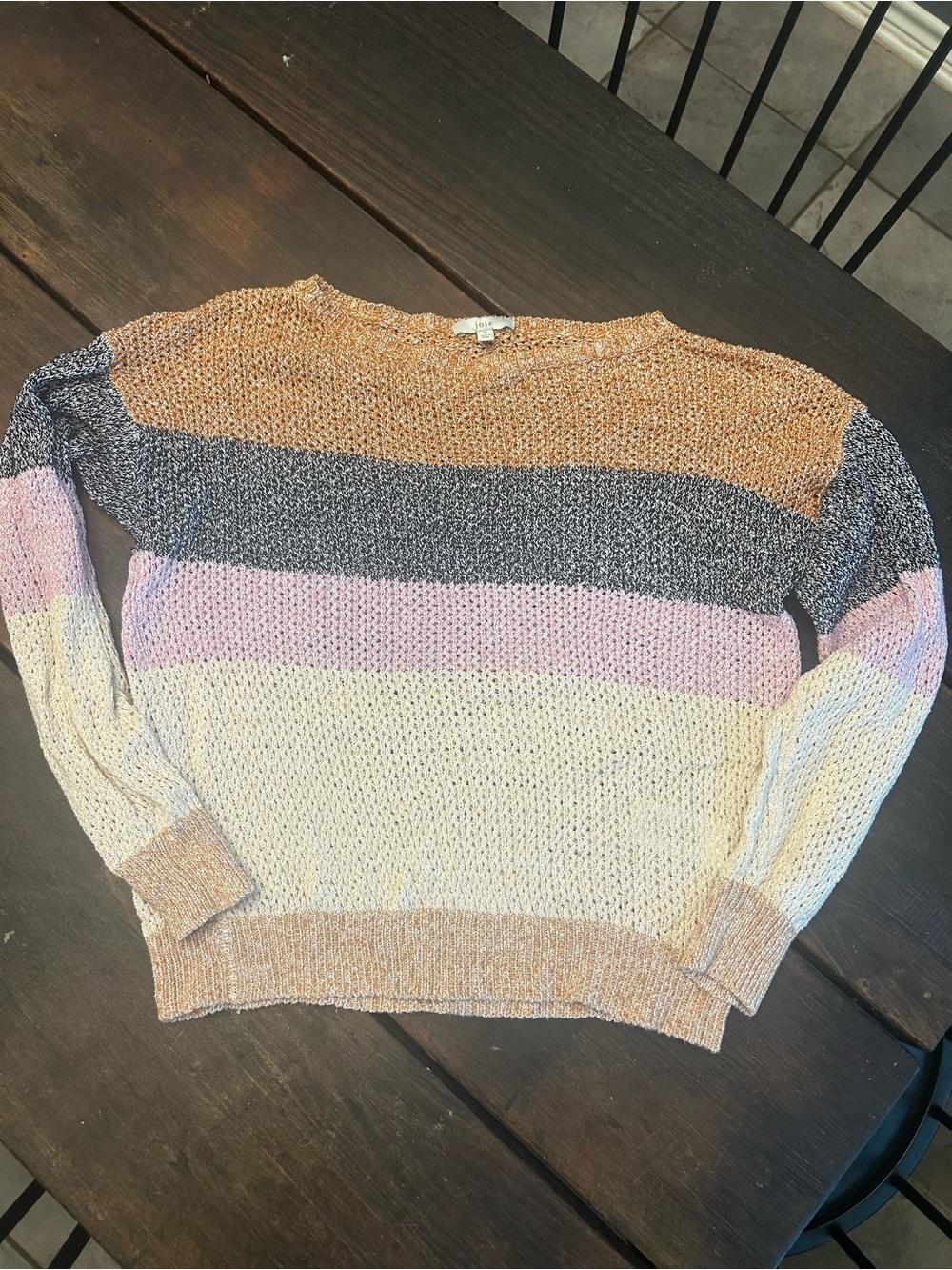Joie Striped Open-Knit Crewneck Sweater in Pink, Gray & Cream
